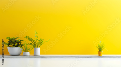 Bright and Airy Home or Office Space with Potted Plants on Shelves Against a Vibrant Yellow Wall