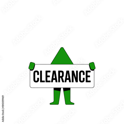 Green Cartoon Character Holding Clearance Sign — Sale Banner, Discount Promotion, Shopping Deal, Retail Clearance, Special Offer
