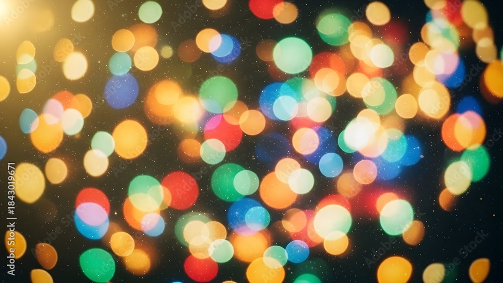 Fototapeta premium Colorful festive bokeh lights background with a dark backdrop and a bright corner glow.