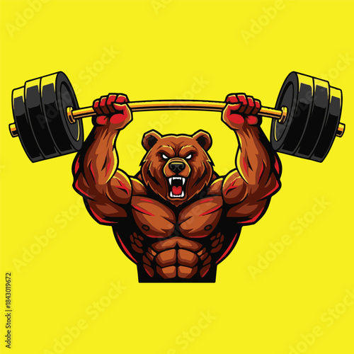 A powerful, muscular bear mascot intensely weightlifting a heavy barbell, symbolizing brute strength, determination, and peak fitness performance against a vivid yellow background
