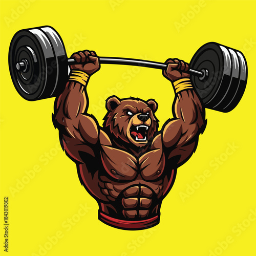 Powerful brown bear mascot roaring while lifting a heavy barbell overhead, embodying immense strength and determination for fitness, gym, and sports concepts