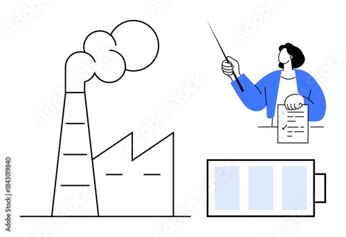 Factory emitting pollution, person presenting environmental policy using a pointer, and battery icon representing energy storage. Ideal for sustainability, policy planning, clean energy, climate