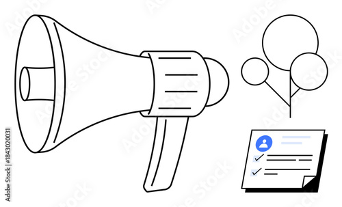 Megaphone paired with interconnected nodes and a user profile document symbolizes communication, networking, and promotion. Ideal for marketing, team building, information sharing, public relations