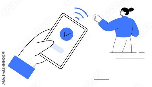 Digital security, identity verification, online access, cybersecurity, data privacy, communication. Hand holding smartphone with checkmark, person pointing. Digital security and identity verification