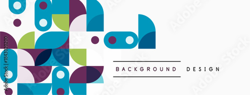 Abstract geometric shapes overlap, creating colorful modern background. Text labels indicate design elements. Simple, clean aesthetic.