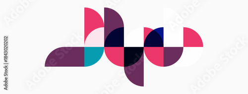 Abstract geometric shapes overlap, creating colorful pattern. Pink, purple, teal hues dominate design. Modern aesthetic.