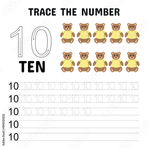 Number 10 Tracing Sheet with Teddy Bears