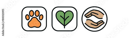 Flat vector illustration of biodiversity pledge icons: paw print leafheart and hands forming circle rounded shapes clean outline clean white background