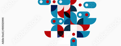 Abstract geometric shapes, red, blue, teal. Minimalist design, clean lines, modern aesthetic. Composition suggests growth, connection.