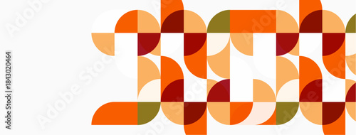 Abstract geometric pattern. Circles overlap creating warm color blocks. Minimalist design with orange, red, olive hues. Clean lines, modern aesthetic.