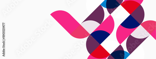 Abstract shapes overlap, creating vibrant color patterns. Pink, red, navy, purple hues dominate white background. Modern design.