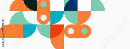 Abstract geometric shapes overlap, creating vibrant composition. Orange, teal, navy dominate design. Minimalist style, clean lines present.