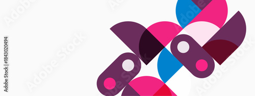 Abstract shapes overlap, creating vibrant pink, purple, blue composition. Modern design, clean lines, simple geometry present.