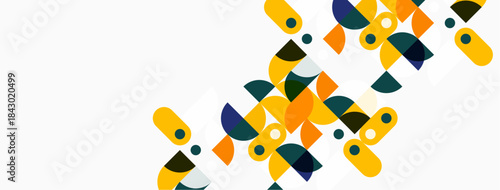 Abstract geometric shapes, circles, rectangles, vibrant colors. Modern design, clean lines, minimalist aesthetic, diagonal pattern.