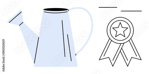 Growth, achievement, success, agriculture, nurturing, sustainability. Minimalistic watering can and ribbon medal with star. Growth and achievement concept in clean graphical design