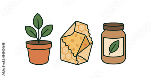 Flat vector illustration of natureinspired gift ideas: plant pot beeswax wrap and tea jar rounded shapes clean outline clean white background