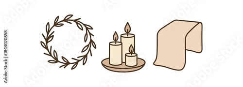 Flat vector illustration of minimalist festive decor: wreath of twigs candles and natural textile table runner rounded shapes clean outline clean white background