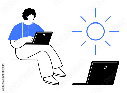 Remote work, digital technology, creativity, freelance lifestyle, work-life balance, virtual connection. A person works on a laptop under the sun. Remote work and digital technology