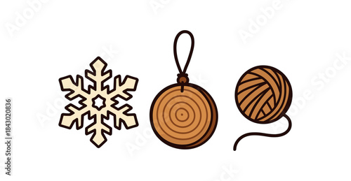 Flat vector illustration of eco ornament making: paper snowflake wood slice ornament and natural string rounded shapes clean outline clean white background