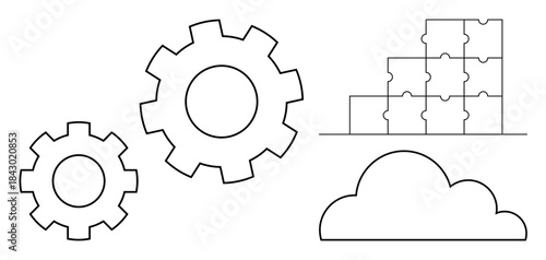 Cloud computing concept. Gears, cloud, and puzzle pieces cloud solutions, process integration, and efficient system design. Cloud computing for software, IT, business collaboration innovation