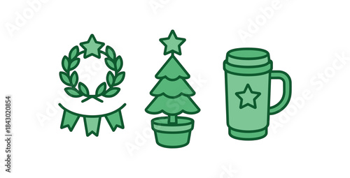 Flat vector illustration of green office holiday scene: reusable decor potted plant with and thermos mug rounded shapes clean outline clean white background