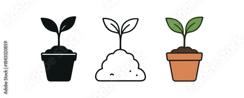 Flat vector illustration plant sprout seedlings pots and soil soft rounded silhouettes clean outline one black and white flat version one outline version one color version cozy eco