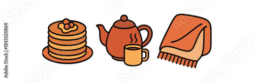 Flat vector illustration of cozy New Year breakfast: pancakes tea kettle and soft blanket corner rounded shapes clean outline clean white background