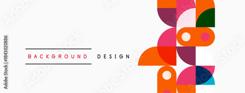 Abstract geometric shapes, vibrant colors, modern design elements. Background features text labels, simple composition.
