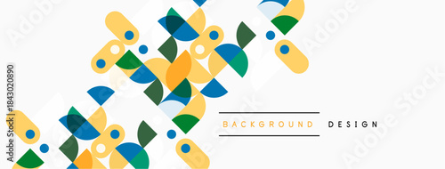 Abstract geometric pattern. Squares, circles, rectangles overlap creating vibrant visual texture. Minimalist style, modern design elements present.