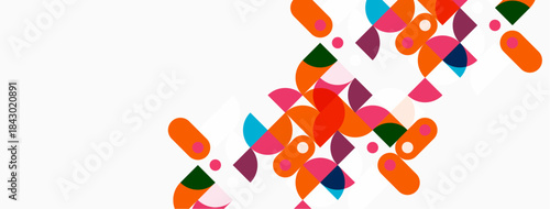 Abstract geometric shapes, vibrant colors, diagonal arrangement. Modern design, playful composition, clean aesthetic. Minimalist style, bright palette.