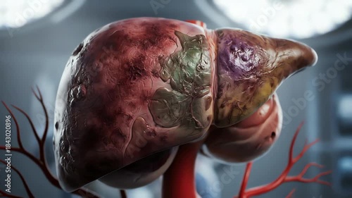 Medical Animation Illustrating a Damaged and Diseased Human Liver in Detail