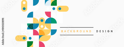 Abstract geometric shapes overlap, creating vibrant colorful background. Minimalist design features soft hues, modern aesthetic.