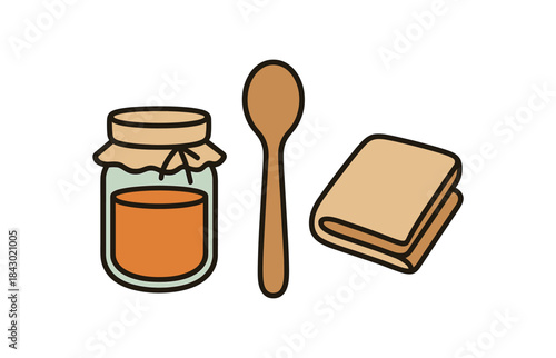 Flat vector illustration of eco kitchen gifts: glass jar of jam wooden spoon and folded towel rounded shapes clean outline clean white background