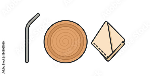 Flat vector illustration of zero waste party supplies: metal straw bamboo plate and cloth napkin rounded shapes clean outline clean white background