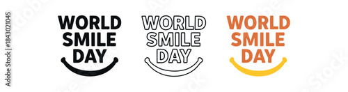lettering icons three text only designs with phrase world smile day one flat solid monochrome one thin black outline black and white one full color flat icon