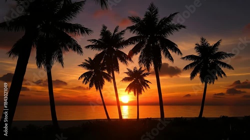Serene Tropical Beach Sunset with Silhouetted Palm Trees and Orange Sky