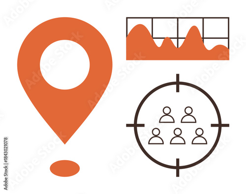 Location marker, audience targeting icon, and graph element. Ideal for marketing, analytics, business strategy, data insights, tracking planning audience engagement. Simple flat metaphor
