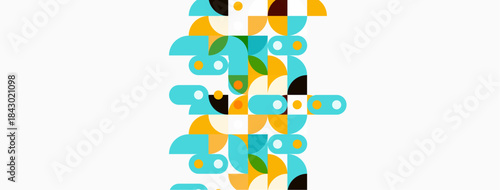 Abstract geometric shapes, vibrant colors, modern design. Composition features overlapping forms, creating dynamic visual texture.