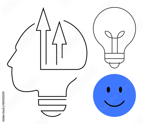 Innovation concept. Human head with arrows growth, paired with a light bulb and happy face. Innovation enhances creativity, positive thinking, and development. For business, education, and motivation