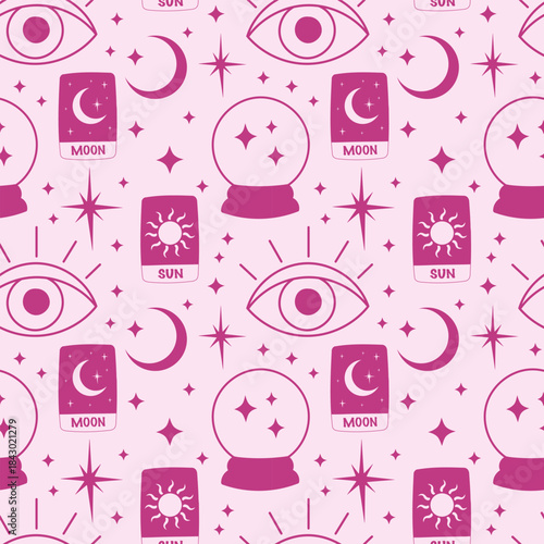 Witchcraft sacred seamless pattern with mystic magical symbols. 