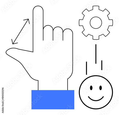 User interaction concept. User interface symbols including hand gesture, gear for productivity, and happy for positive feedback. User-friendly tools for UX design, productivity tools, teamwork, app