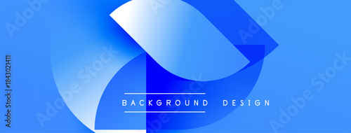 Abstract blue design features layered shapes, gradient effect. Text reads background design centered below curves. Modern, clean aesthetic.