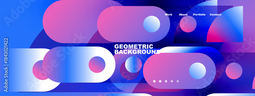 Abstract geometric shapes, vibrant colors, website header design. Includes navigation options work, about, portfolio, contact. Modern aesthetic.