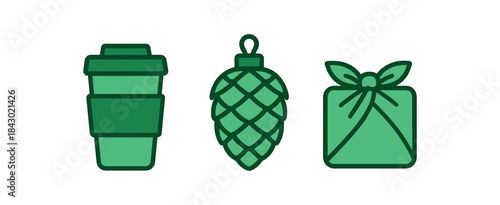 Flat vector illustration of green festive icons: reusable mug pinecone ornament and gift wrapped cloth rounded shapes clean outline clean white background