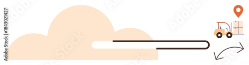 Cloud with progress bar, forklift carrying package, location marker, and arrows symbolizing data and logistics. Ideal for supply chain, cloud storage, logistics, delivery, technology transportation