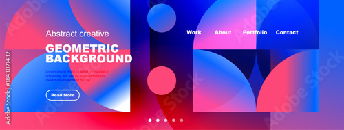 Vibrant geometric design. Modern website header with blue, pink gradients. Text elements present, clean layout.