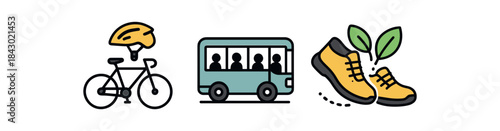 Flat vector illustration of lowemission commute: bicycle with helmet city bus with passengers silhouettes and walking shoes with leaf trail rounded shapes clean outline clean white