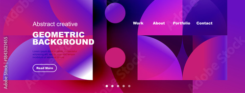 Modern website mockup. Vibrant geometric shapes, purple hues dominate design. Text elements present, navigation visible. Clean aesthetic.