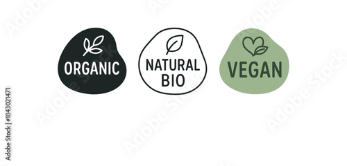 Flat vector illustration organic product label badges natural bio and vegan soft rounded forms clean outline one black and white flat version one outline version one color version cozy eco