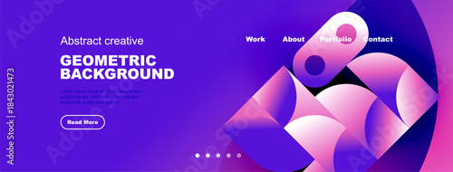 Abstract purple design features geometric shapes, text elements, navigation options. Modern aesthetic suitable for website header.